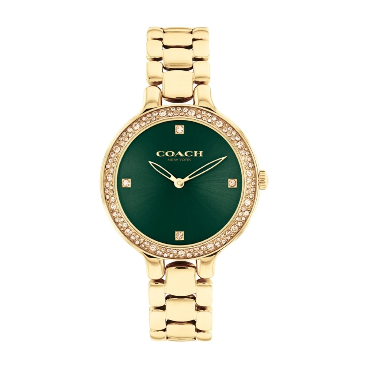 COACH Women Chelsea Qtz Basic Green Round Dial Analog Watch|Ionic Plated Thin Gold Steel Material|Gold Color Band - 14504251