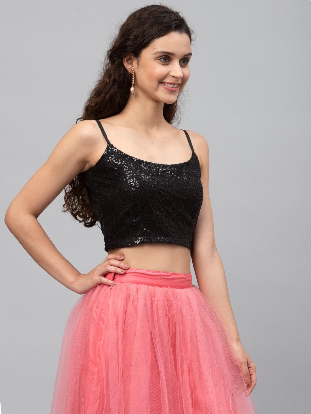 studio rasa Women's Plus Size Net Sequins Embroidered Spaghetti Readymade Saree Blouse for Wedding Party Festive (TPWC22121-2XL_BLA_Black_2X-Large)