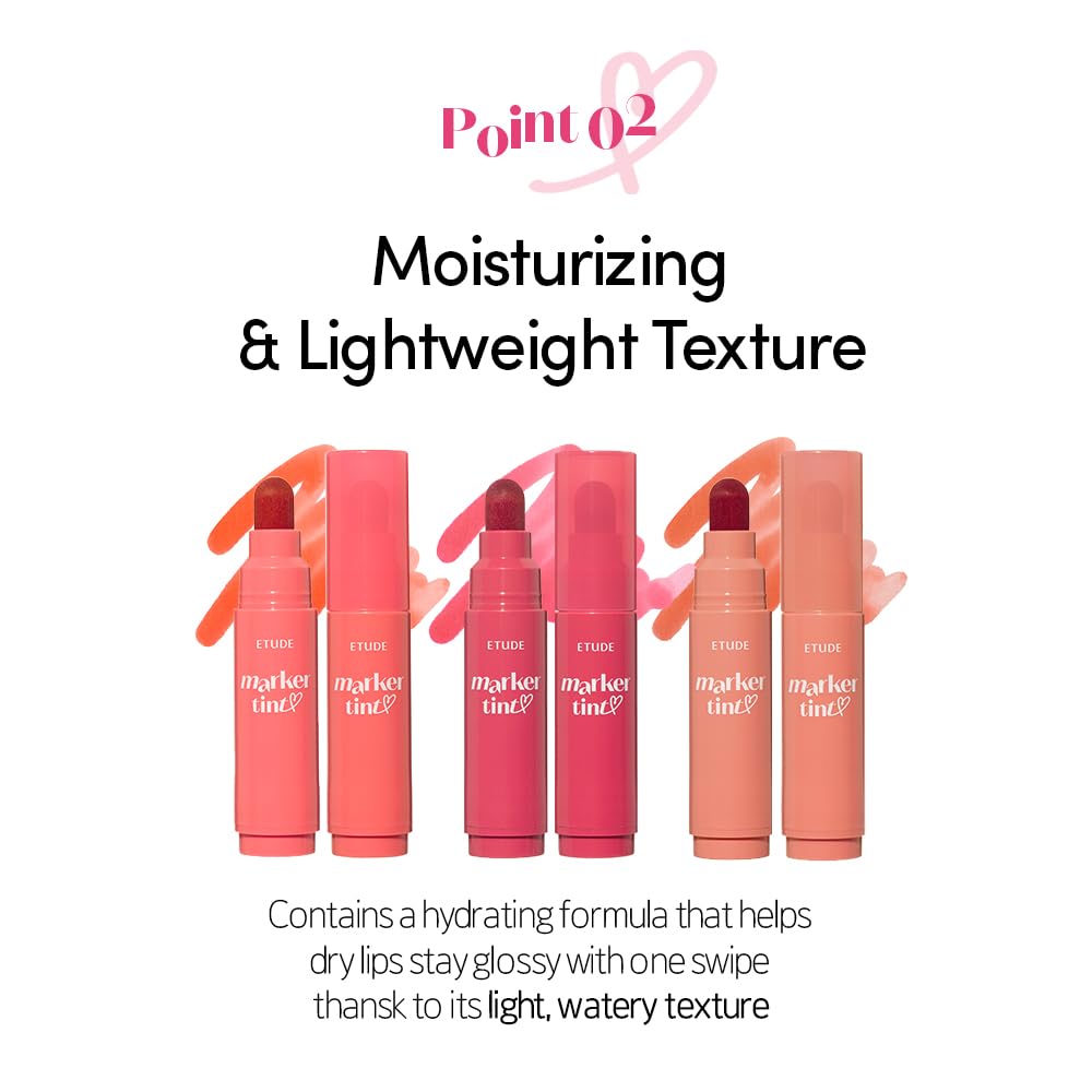 ETUDE Dear Darling Marker Tint| Hydrating & Long Lasting Lip Stain | High Pigmented Lip Maker with Easy Drawing Tip | Korean Lip Tint, Korean Makeup, Kbeauty, 01 Raspberry Pop- 3.5g