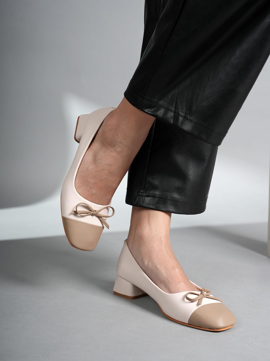 Drop BoldCream Colourblocked Square Toe Block Heel Sandals For Women & Girls