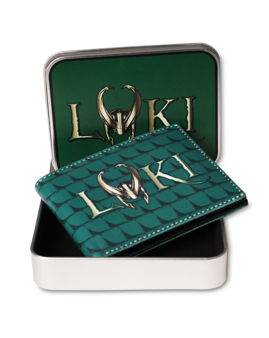 KARA Unisex Bifold Green Wallet Faux Leather Superhero Printed Canvas Purse with Metal Tin Box