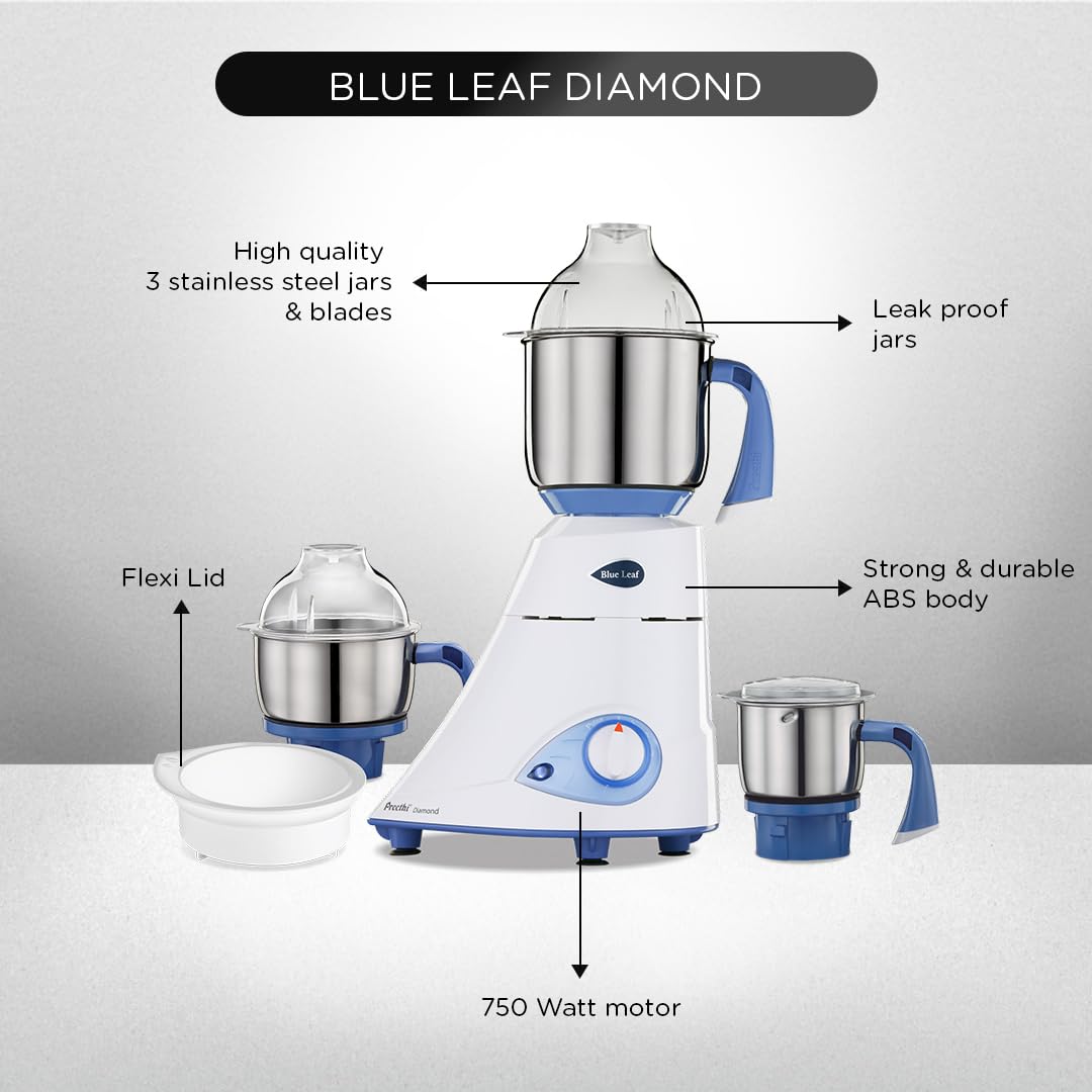 Preethi Blue Leaf Diamond MG-214 mixer grinder 750 watt (Blue/White), 3 jars & Flexi Lid, FBT motor with 2yr Guarantee & Lifelong Free Service