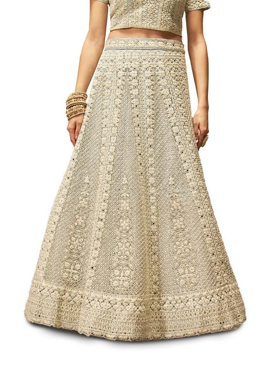 Soch Womens Powder Blue Net All-Over Embroidered Unstitched Lehenga Set with Stonework