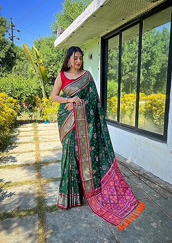 Panzora Women's Patola Silk Meenakari Work Saree With Unstitched Blouse Piece