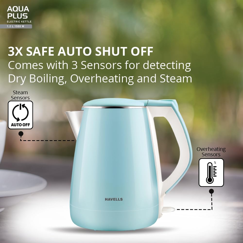 Havells Aqua Plus Electric Kettle 1.2 Litre, 1250 Watt | 304 Stainless Steel Inner Body | Cool Touch Body | Auto Shut-Off |Wider Mouth| 2 Year Warranty (Blue)