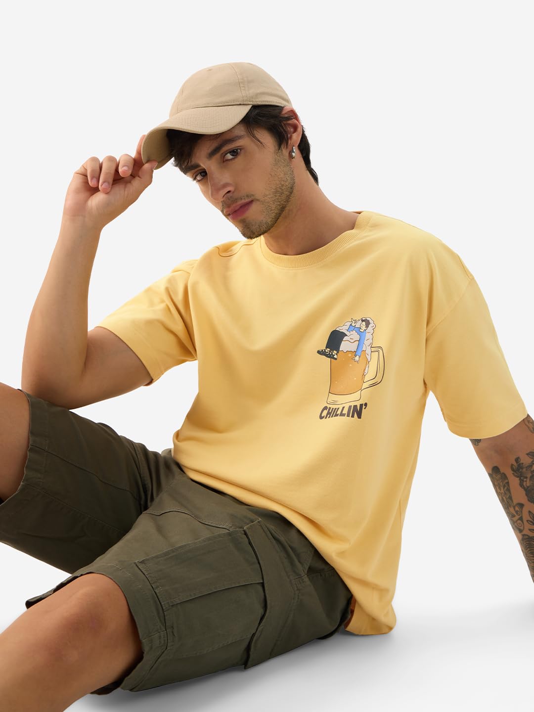 The Souled Store Explore The Unseen Men and Boys Short Sleeve Round Neck Green Embroided Cotton Oversized T-Shirts