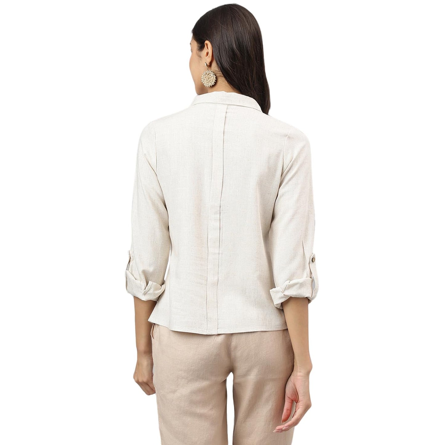 Latin Quarters Women Beige Spread Collar Long Sleeves Solid Shirt for Casual_XXL