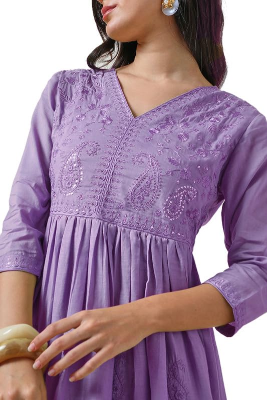 Soch Womens Purple Cotton Embroidered Dress with Sequins