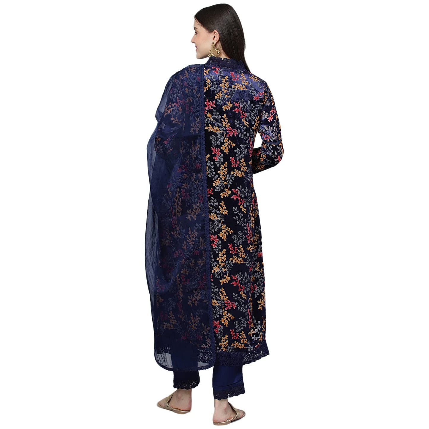 Divena Blue Floral Burn Out Valvet Kurta pant With Organza Dupatta set