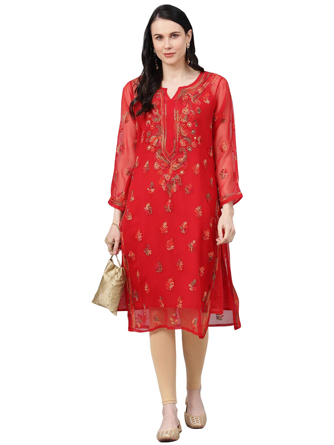 Ada Lucknowi Chikankari Faux Georgette Hand Embroidery Kurta with Slip for Women 5XL411155 Red