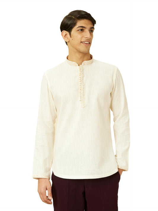 Manyavar Mens Cream Cotton Short Kurta