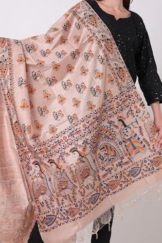 DESI PALETTE Stylish Hand Block Madhubani Printed Tussar Muga Silk Dupatta for Womens & Girls | Lightweight & Comfotable Traditional Dupatta (Golden Blue Orange_2.4 Meters)