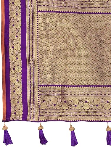 MANOHARI Women's Most Trendy Banarasi Satin Silk Woven Orange Brown & Purple Saree With Heavy Jacquard Work Saree With Blouse Piece_MN2058