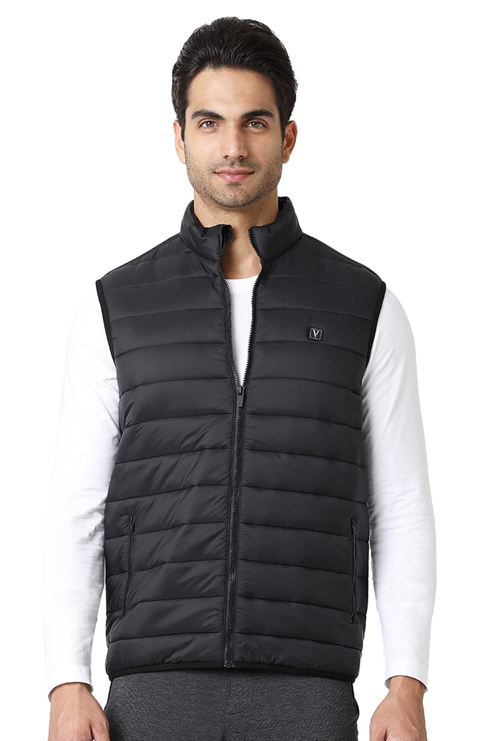 Van Heusen Athleisure Men Woven Jacket - 100% Nylon - Extra Warm, High Neck, Zip Front, Sleeveless_80005_Black_L