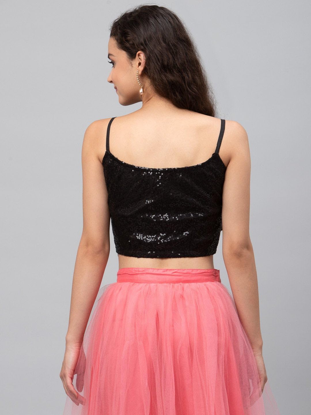 studio rasa Women's Plus Size Net Sequins Embroidered Spaghetti Readymade Saree Blouse for Wedding Party Festive (TPWC22121-2XL_BLA_Black_2X-Large)