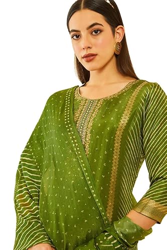 Soch Womens Green Brocade Bandhani Printed Suit Set with Mirror Work