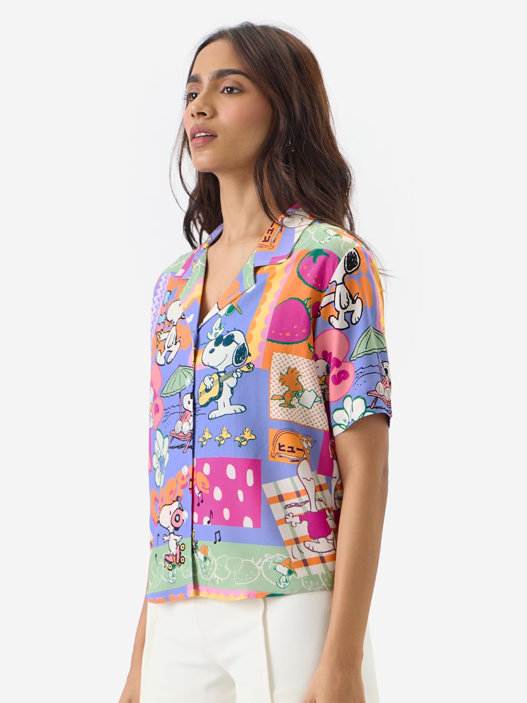 The Souled Store Official Peanuts: Carefree Women and Girls Short Sleeve Collared Neck Button Front Regular Fit Rayon Summer Shirts Multicolour
