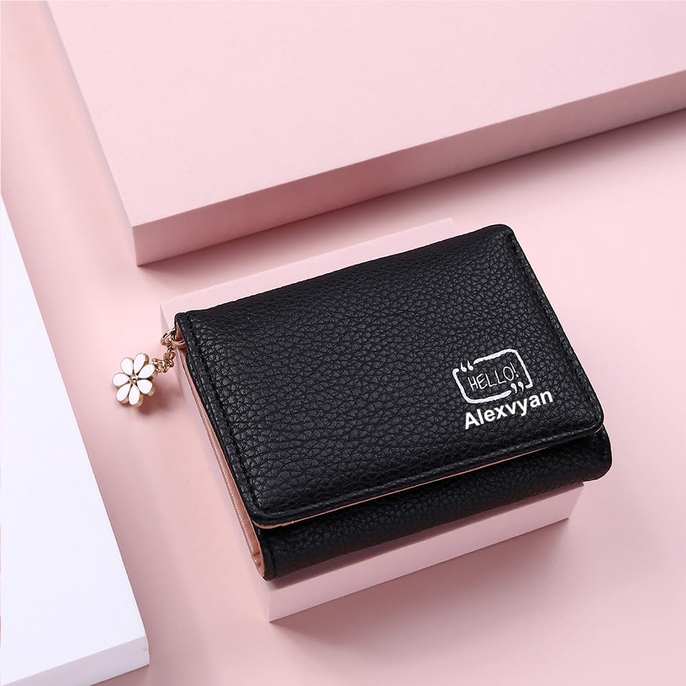Alexvyan Black Hello Small Tri-Fold Women's Purse Wallet Card Organizer Female Hand Purse Clutch Women/Ladies/Girls Wallets 5 Card Holder 1 Long & 1 Small Pocket