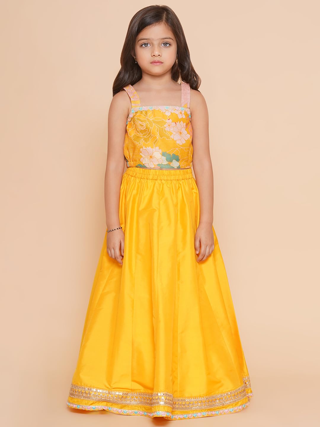 Bitiya by Bhama Girls Yellow Floral Print Top & Shrug With Ready to wear Skirts