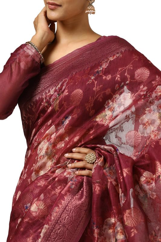 Soch Womens Wine Chanderi Woven Design Saree With Tassels