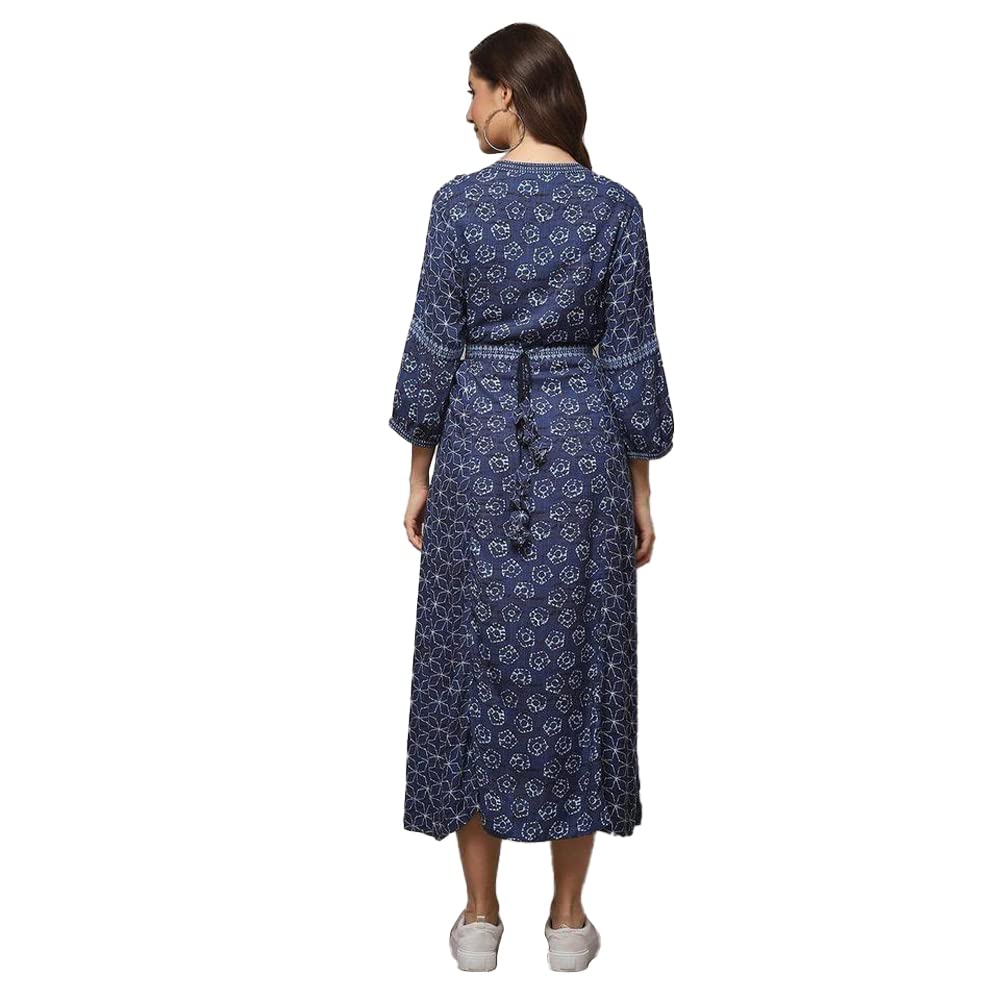 BIBA Women's Indigo Rayon A-Line Printed Dress