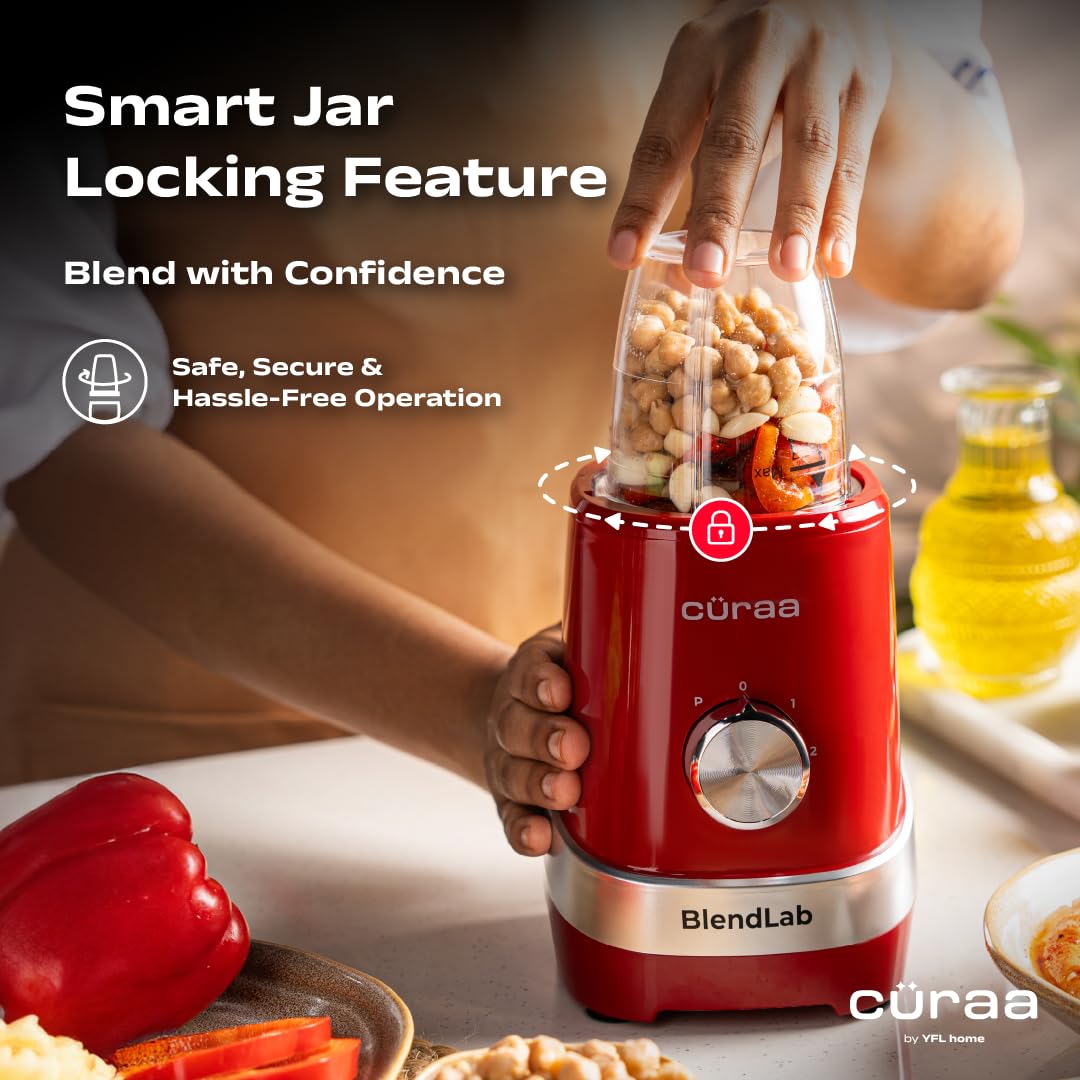 Cüraa by YFL home BlendLab Mixer Grinder for kitchen – 3 Jars | 100% Copper Motor | Stainless Steel Jar for Spice Grinding & Chutneys | Compact Smoothie Blender | Smoothies Maker | 2 Year Warranty