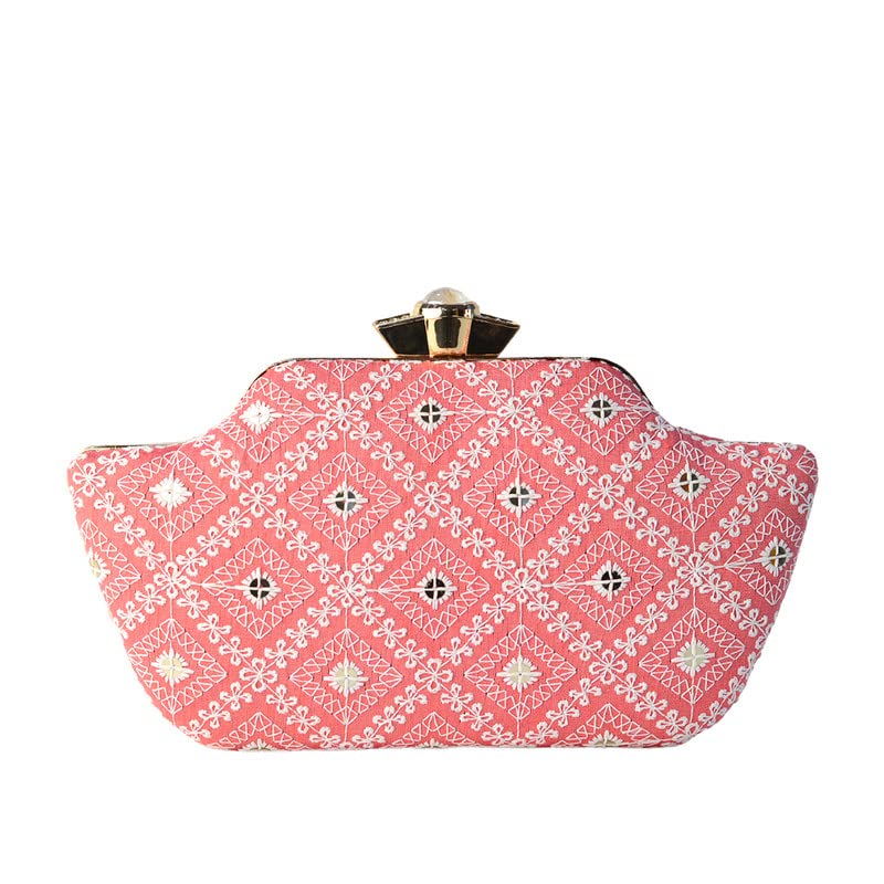 Baby Pink And White Embroidered Clutch