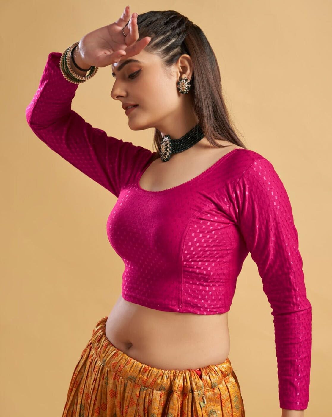 EVELIX Stylish Women's Full Sleeve Blouses: Stretchable, Breathable Dobby Cotton, Round Scoop Neck Designs Perfect for Saree & Choli Blouse for Women (44, Magenta Pink)