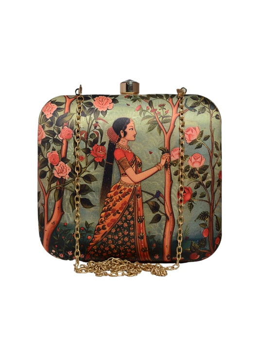 Artklim Green & Pink Women, Roses Printed Quirky Sling Clutch - Square Handbag with Golden Detachable Chain Strap - Birthday Gift for Mom