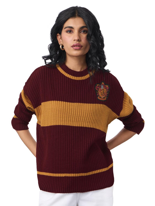The Souled Store Harry Potter: The Bravehearts Women and Girls Long Sleeves Round Neck Brown Embroidered Acrylic Oversized Sweaters