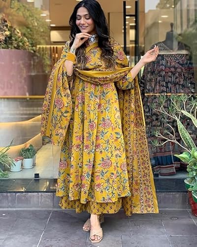 Avayayat Women's Rayon Anarkali Printed Kurta Set with Pant and Dupatta, A-Line Design, 3/4 Sleeves, Comfortable Ethnic Wear for Festive, Casual, Office & Wedding Occasions Yellow (Yellow, XL)