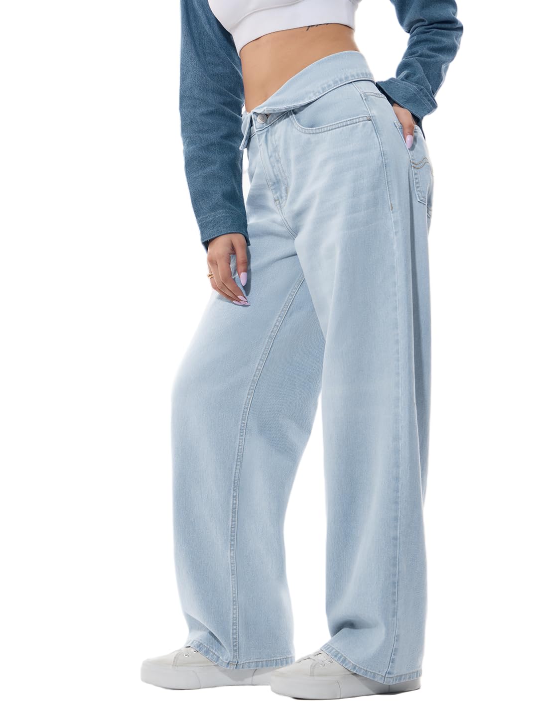 The Souled Store Baggy-Fit Denim: Cloudy Women and Girls Buttoned Waistband Light Blue Washed Cotton Denim Baggy Fit Asymmetric Crossover Waistband Lightweight Everyday Jeans