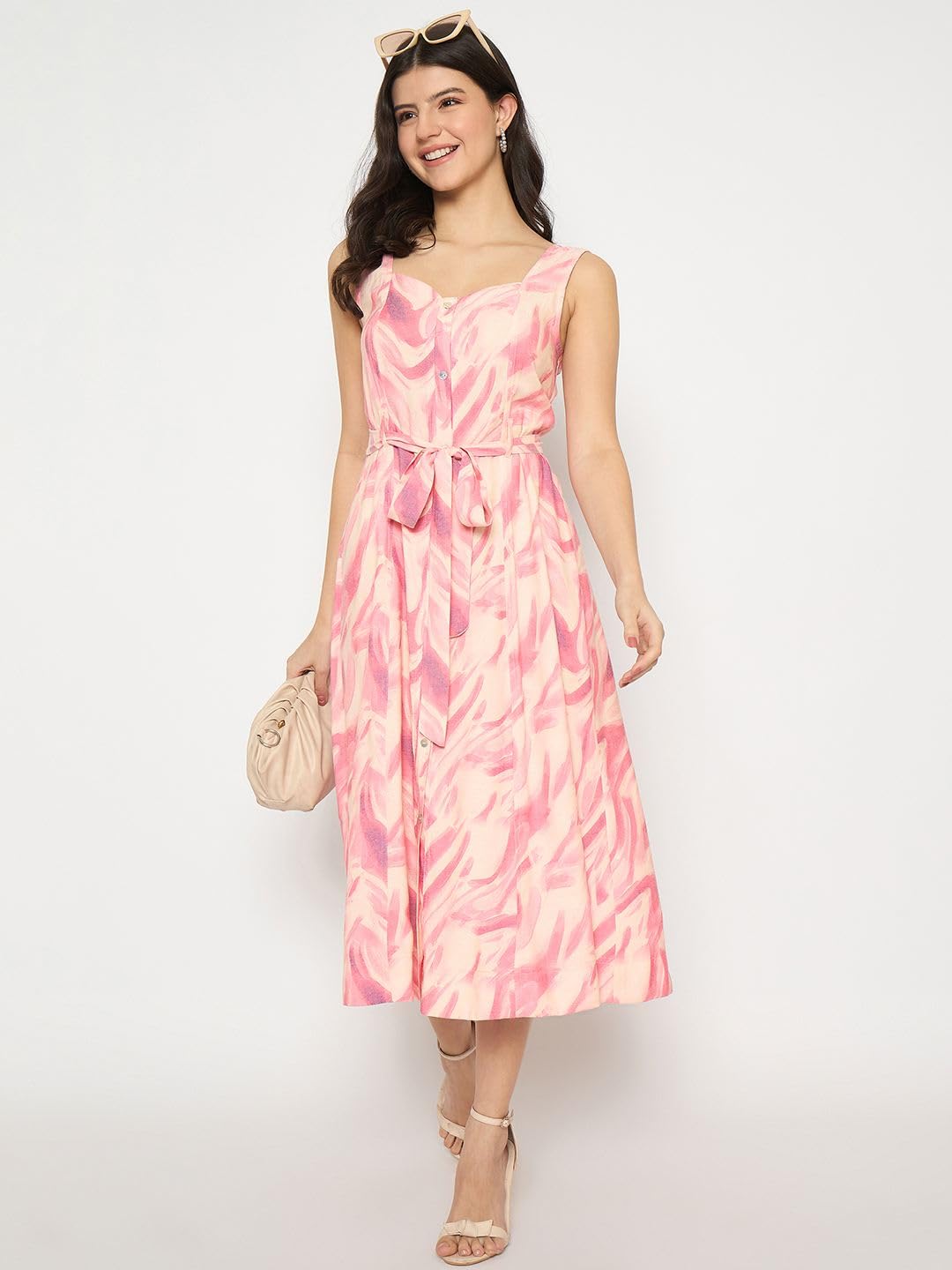 Madame Printed Sleeveless Midi Pink Dress for Women