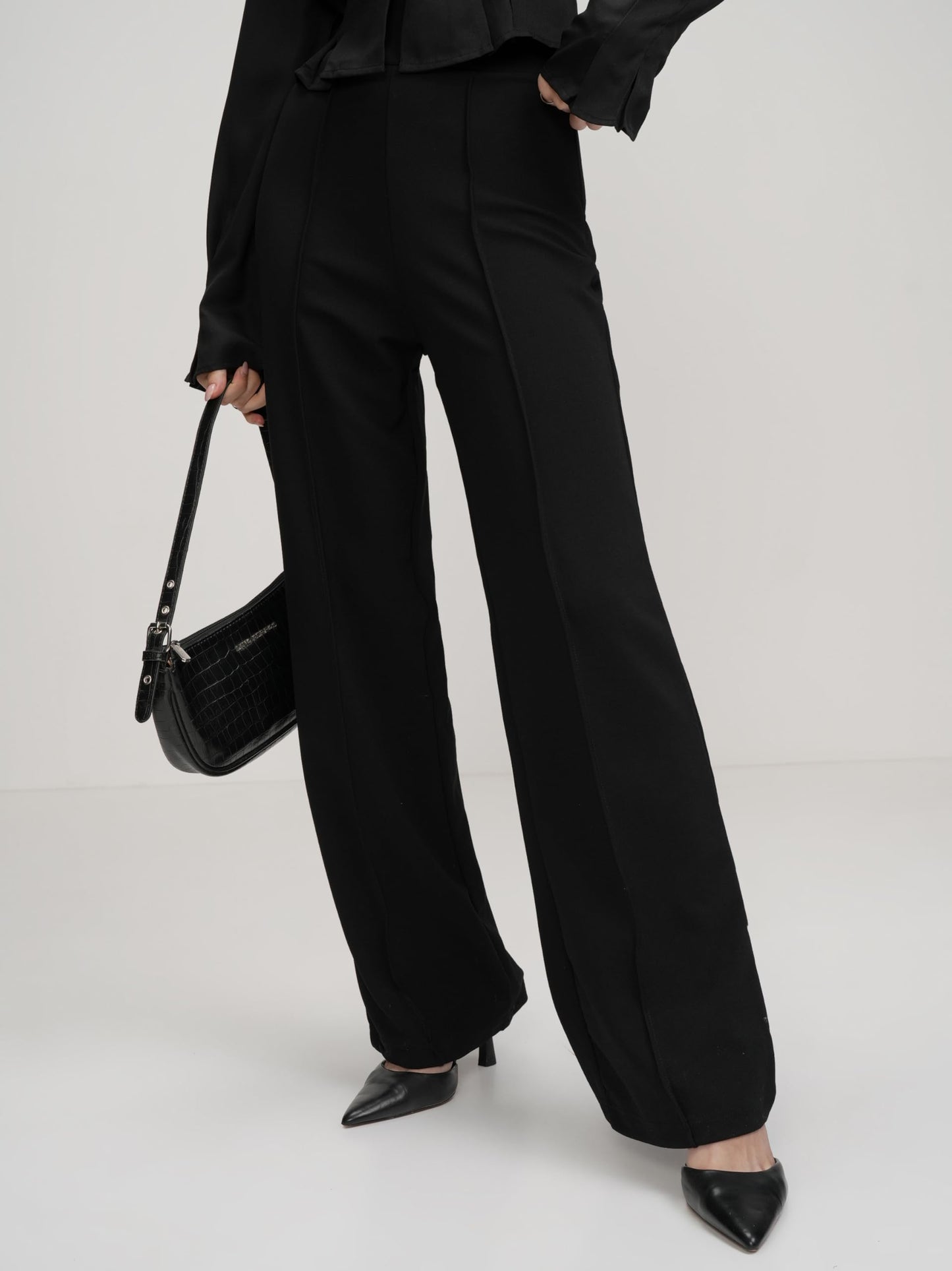 Tokyo Talkies Women Flared Fit High-Rise Parallel Trousers Black