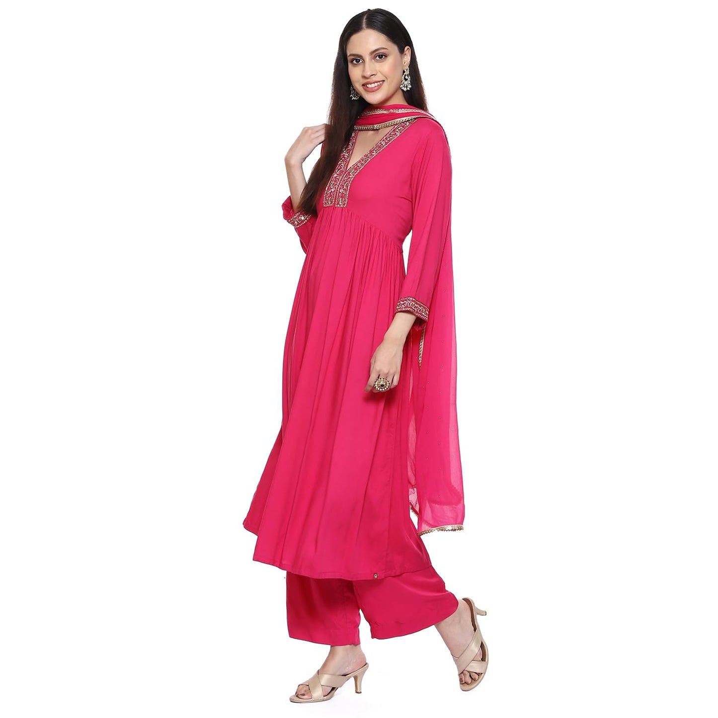 BIBA Cotton Blend Women's Solid Gathered Salwar Kurta Dupatta(Skdassorted8909_Fuchsia_38)