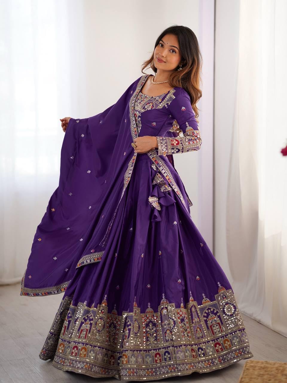JIHU CULTURE Women's Natural Silk Coding Dori With Sequence Embroidery Work Semi Sttiched Lehenga Choli Set For Wedding (Purple)