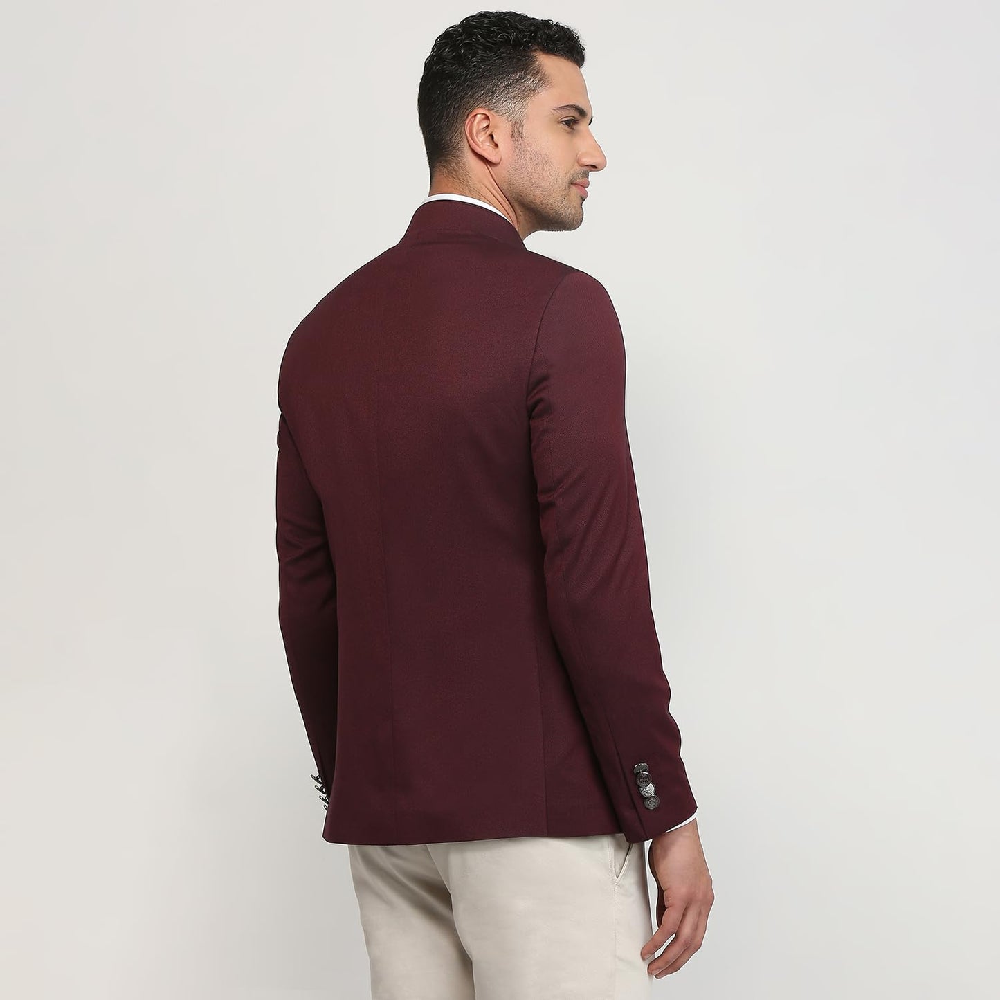 Raymond Men Regular Fit Solid Pattern Terry Rayon Blend Stand Collar Full Sleeve Ceremonial Jacket (Size: 40)-RIJI00129-M7 Dark Maroon