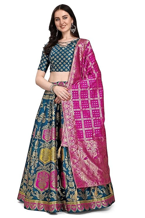 FATIMA SALES AGENCY Unique Women's Indian Traditional Pure Silk Lehenga Choli With Blouse, Color Teal Green