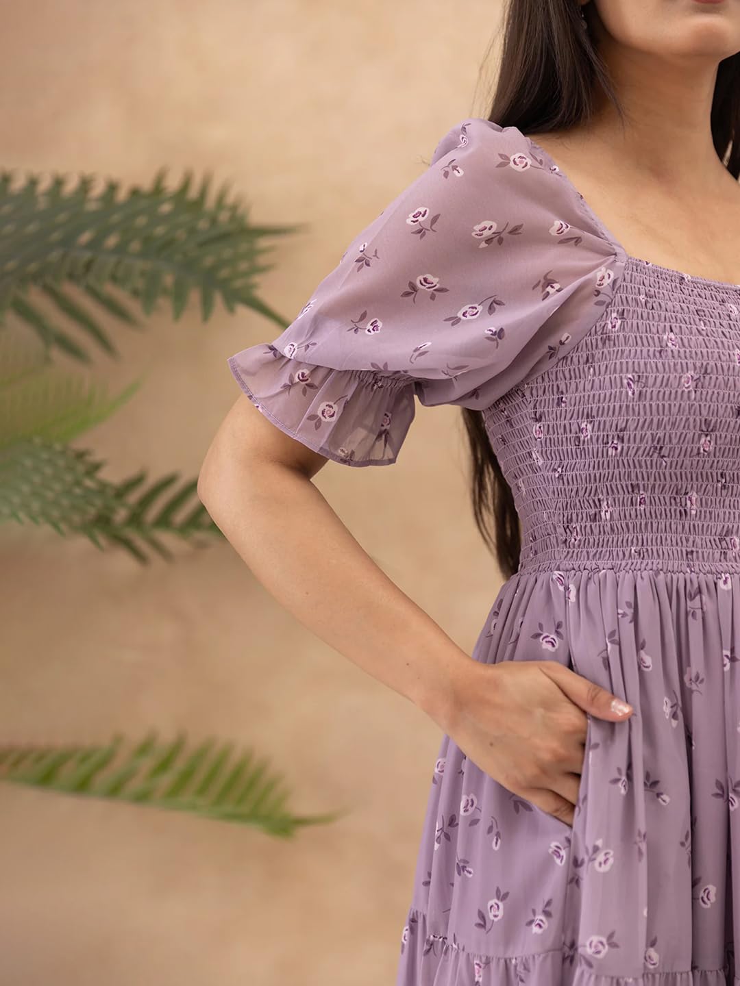 KZULLY | Dress for Women | Midi Length | Flared Hem | Puff Sleeve | Square Neck | Smocked Bodice