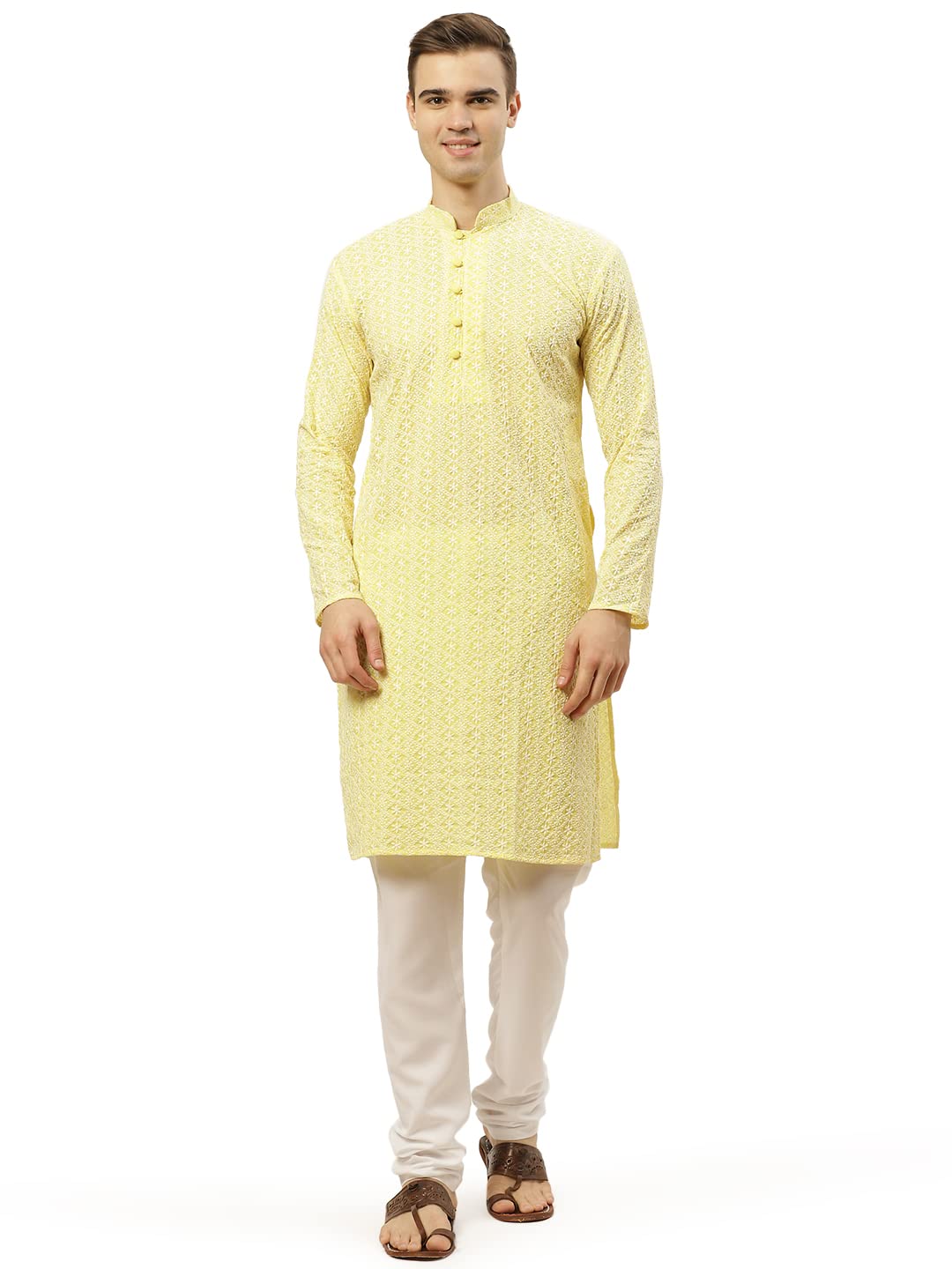 Jompers Men's Yellow & White Embroidered Straight Kurta Pyjama Set. (Yellow, L)
