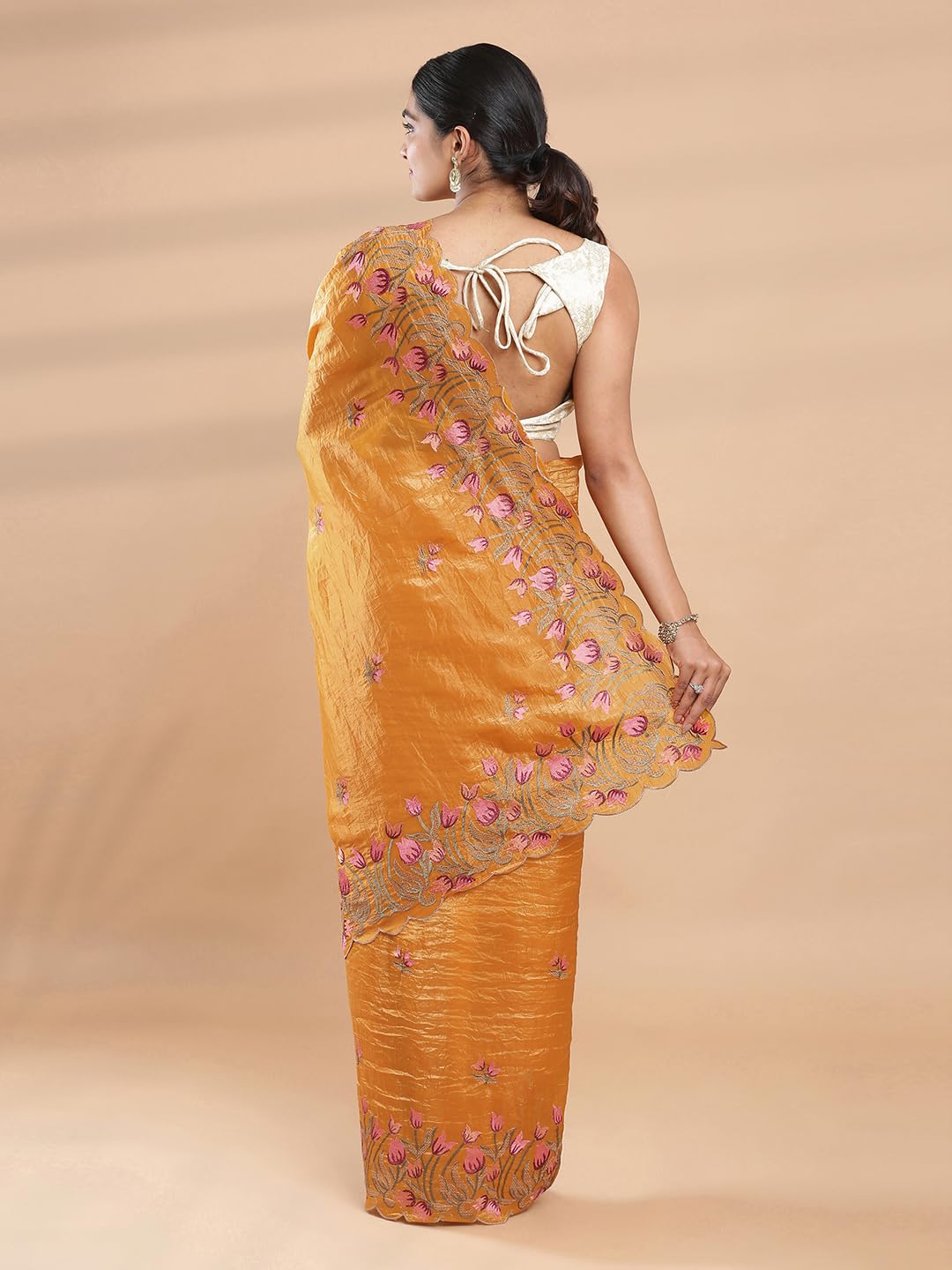 Kalyan Silks Dark Mustard Yellow Crush Organza Saree With Embroidery All Over Design