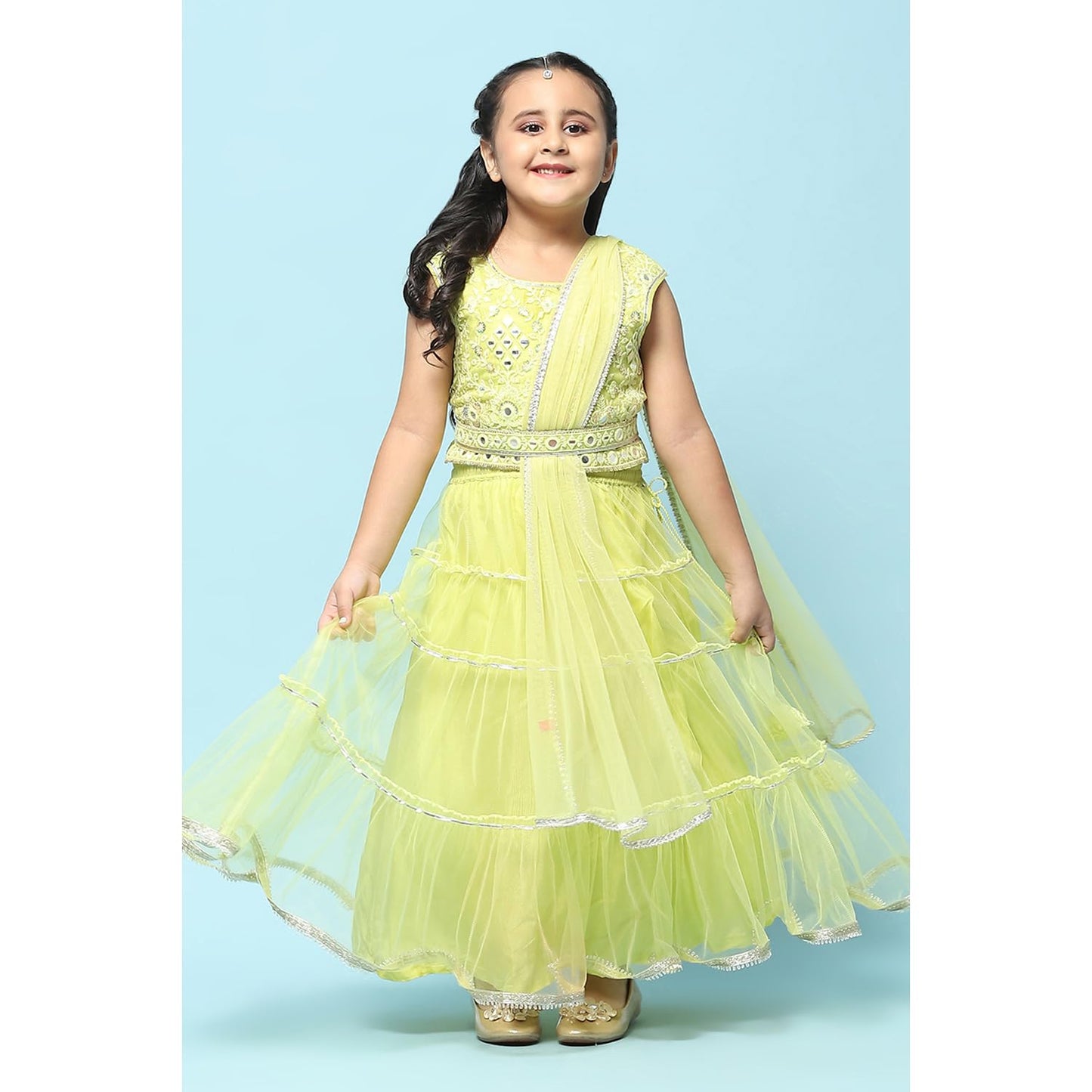 BIBA Girl Solid; Embroidred Nylon Readymade Lehenga Choli Set (Kw5368_Green_15)