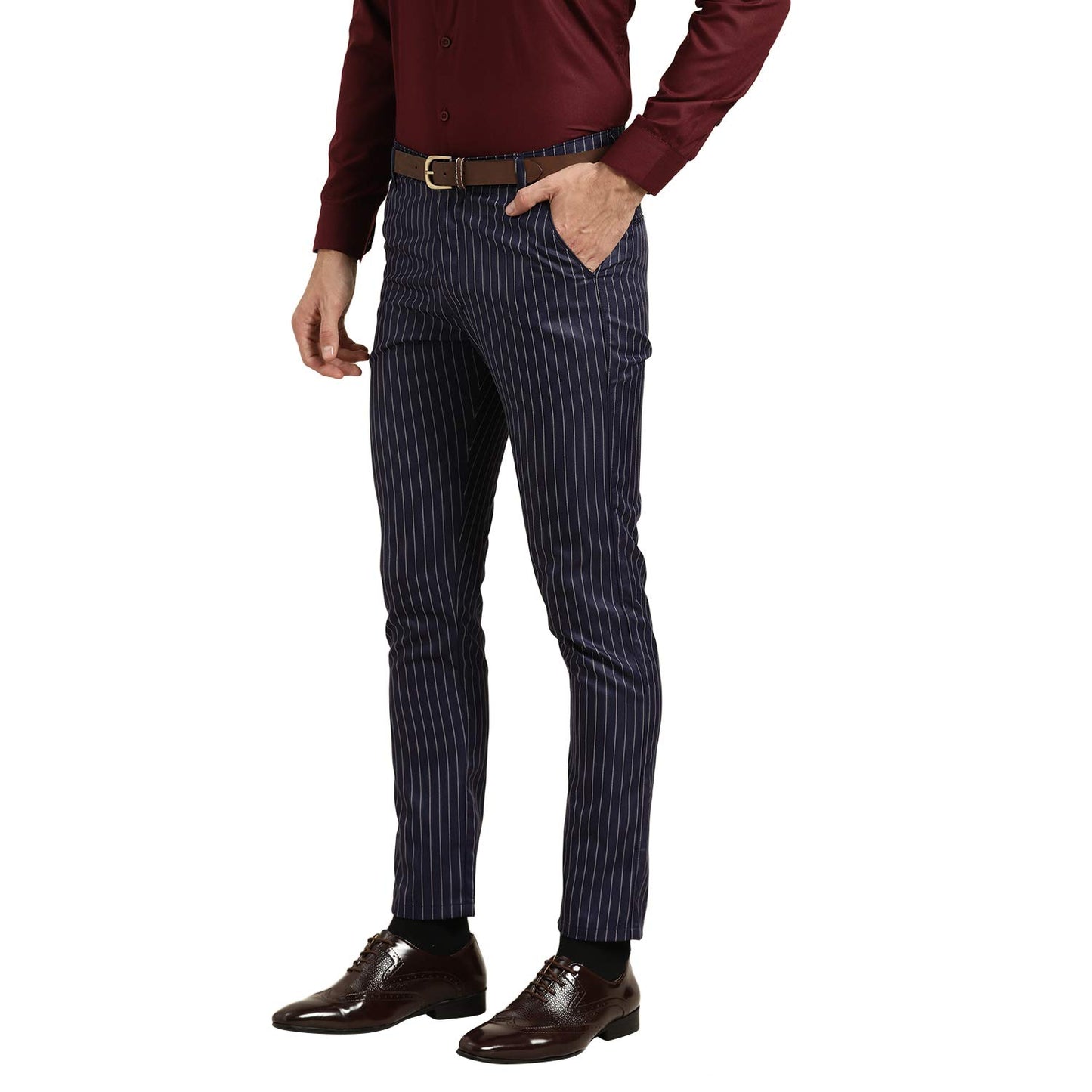 SOJANYA (Since 1958 Men's Cotton Blend NavyBlue & OffWhite Striped Formal Trousers, Size: 38