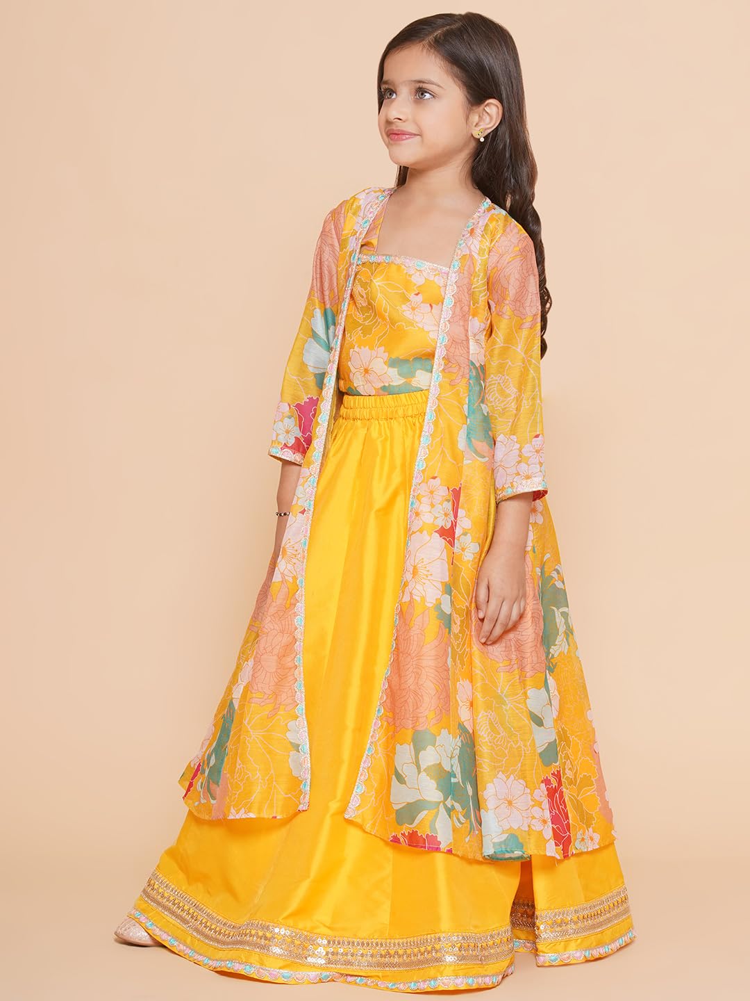 Bitiya by Bhama Girls Yellow Floral Print Top & Shrug With Ready to wear Skirts