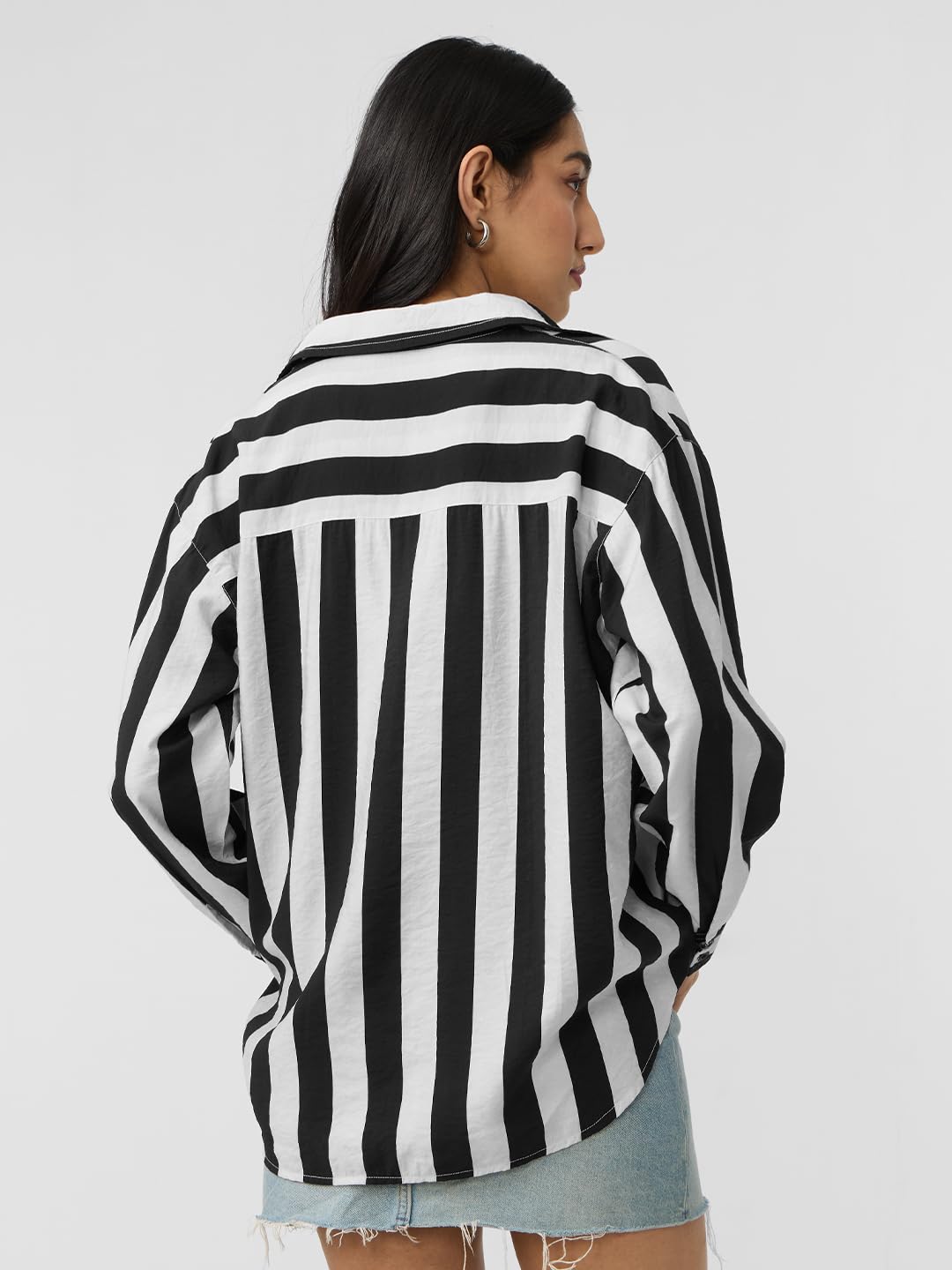 The Souled Store Stripe Shirt: Black, White Women and Girls Long Sleeves Collared Neck Button Front Viscose Blend Boyfriend Shirts