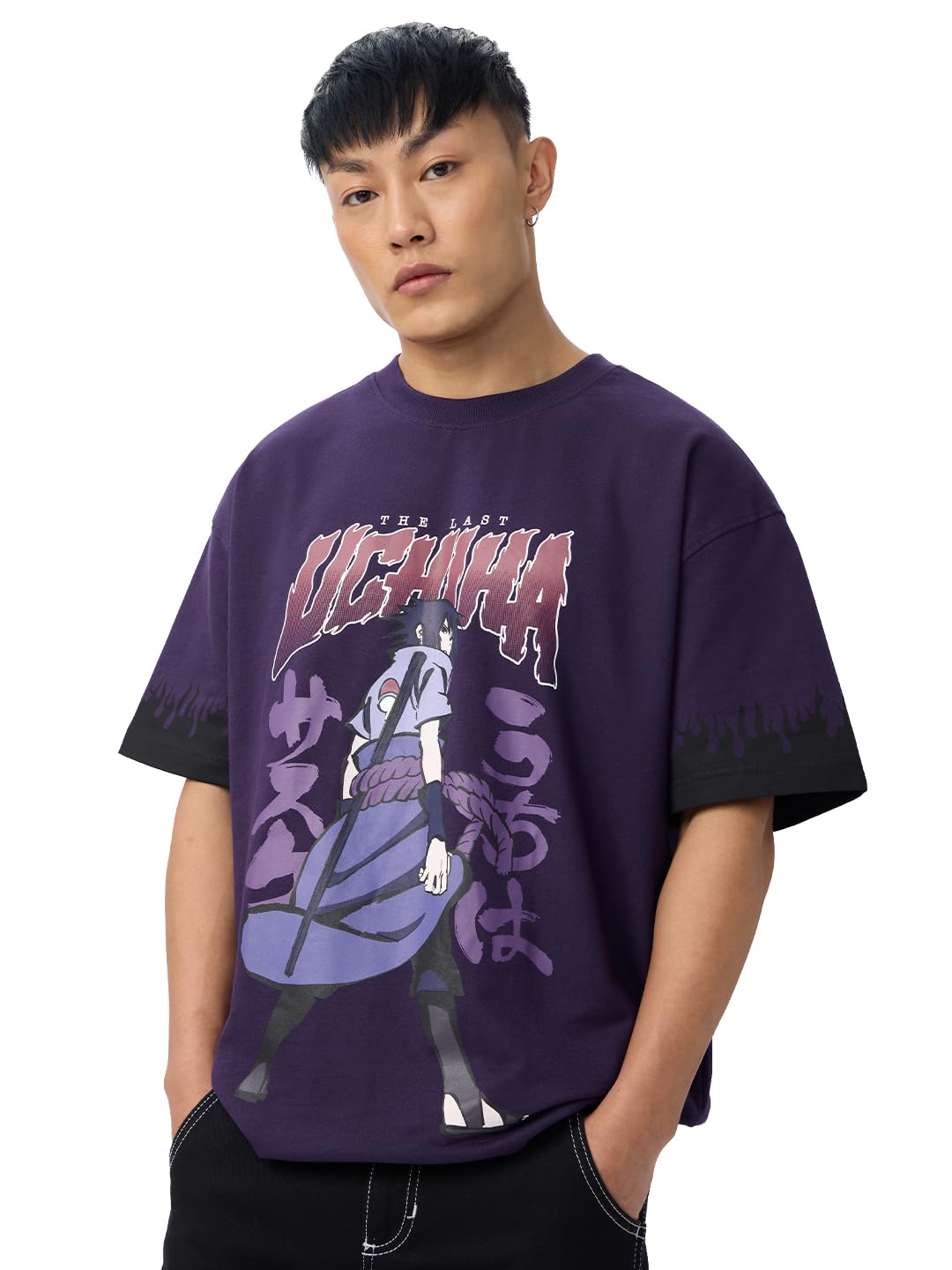 The Souled Store Naruto Shippuden: Uchiha Legacy Men and Boys Short Sleeves Round Neck Purple Graphic Printed Cotton Oversized T-Shirts
