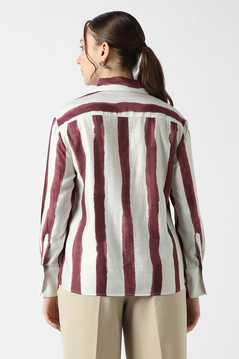 Women Maroon Stripe Long Sleeves Casual Shirt