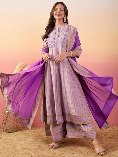 AVYUKTHA Cotton Kurta Palazzo & Dupatta Set For Womens | Regular Fit | 3/4 Sleeve | V Neck | Printed Embroidery | Anarkali | Lightweight | Ethenic Dress | Ideal For Weddings & Parties | S | Skin