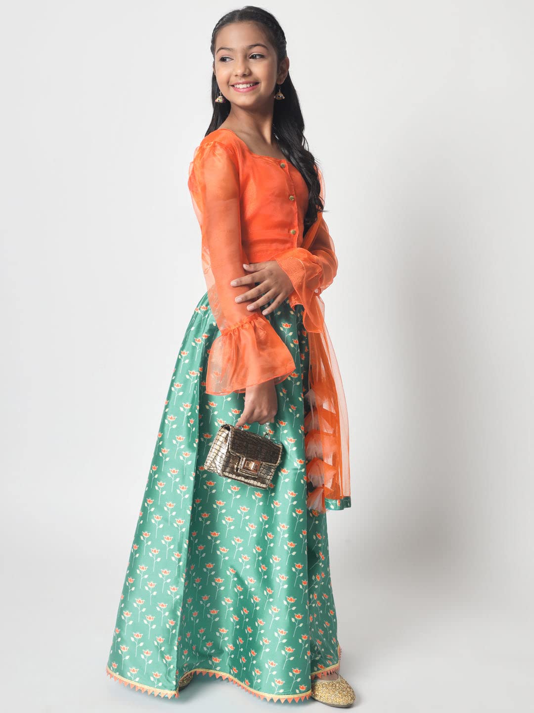 studio rasa Girls Poly Silk Printed Bias Kids Skirt for Wedding Party Festive(GSC12305/15-16_Light Green_15-16yrs)