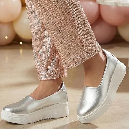 FAUSTO FST FJDWC-7033 SILVER-41 Women Silver Height Enhancer Lightweight Glitter Slip On Shoes|Memory Cushion Insole|Party Slip On All Season Casual Shoe (8 UK)